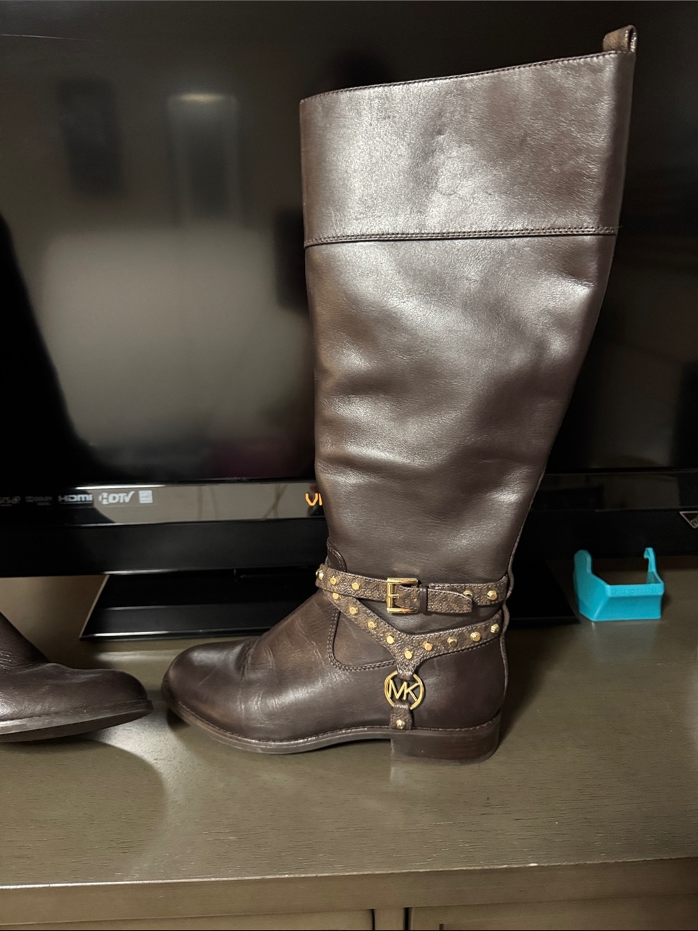 Michael Kors Dark Brown Leather Tall Riding Boots with Gold Accents (sample sale